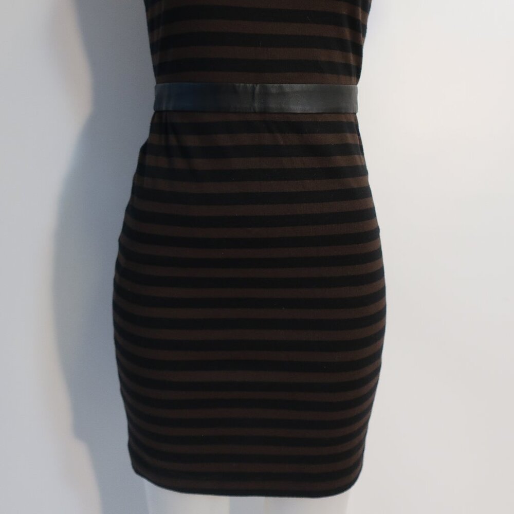 Womens Alice + Olivia Black Brown Striped Stretch Leather Waistband Mini Dress 6 - Picture 7 of 11